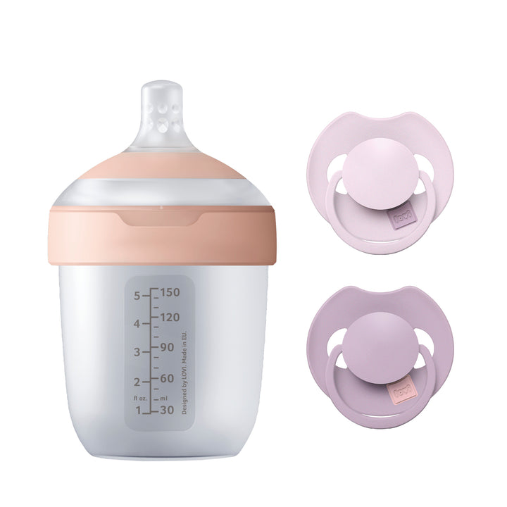 Difrax LOVI Mijn Eerste Babyset met Mammafeel fles 150ml en Prime fopspeen duopack 0-6 maanden in Lilac / Violet, ideaal kraamcadeau voor jonge ouders
