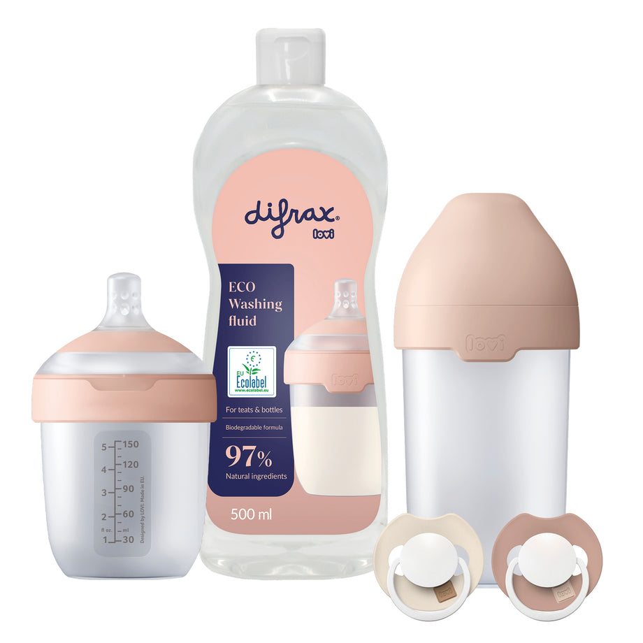 Difrax LOVI Newborn Starterset met grote en kleine Mammafeel-fles, twee spenen en ecologisch afwasmiddel 500 ml
