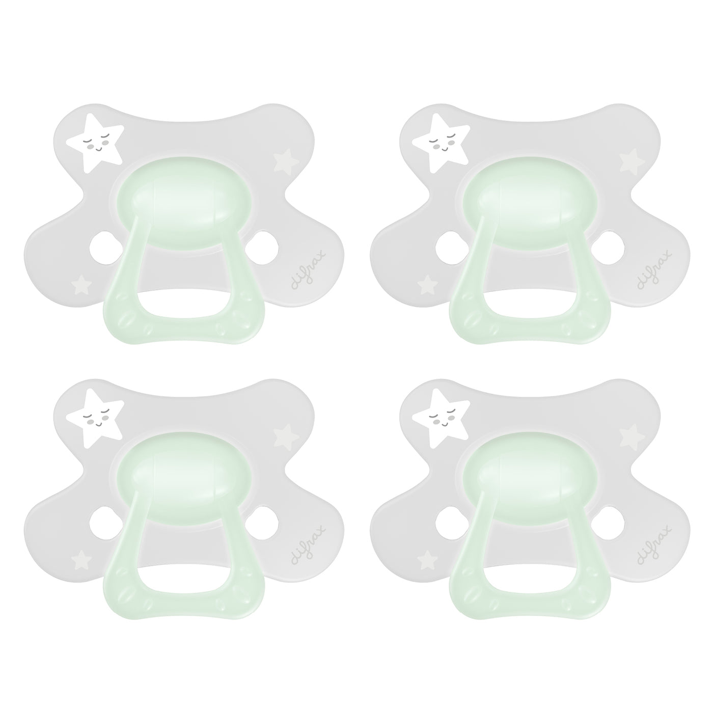 Set van 4 Difrax Natural fopspenen 12+ maanden Glow in the Dark met vlindervormig schildje, huidvriendelijk en makkelijk te accepteren