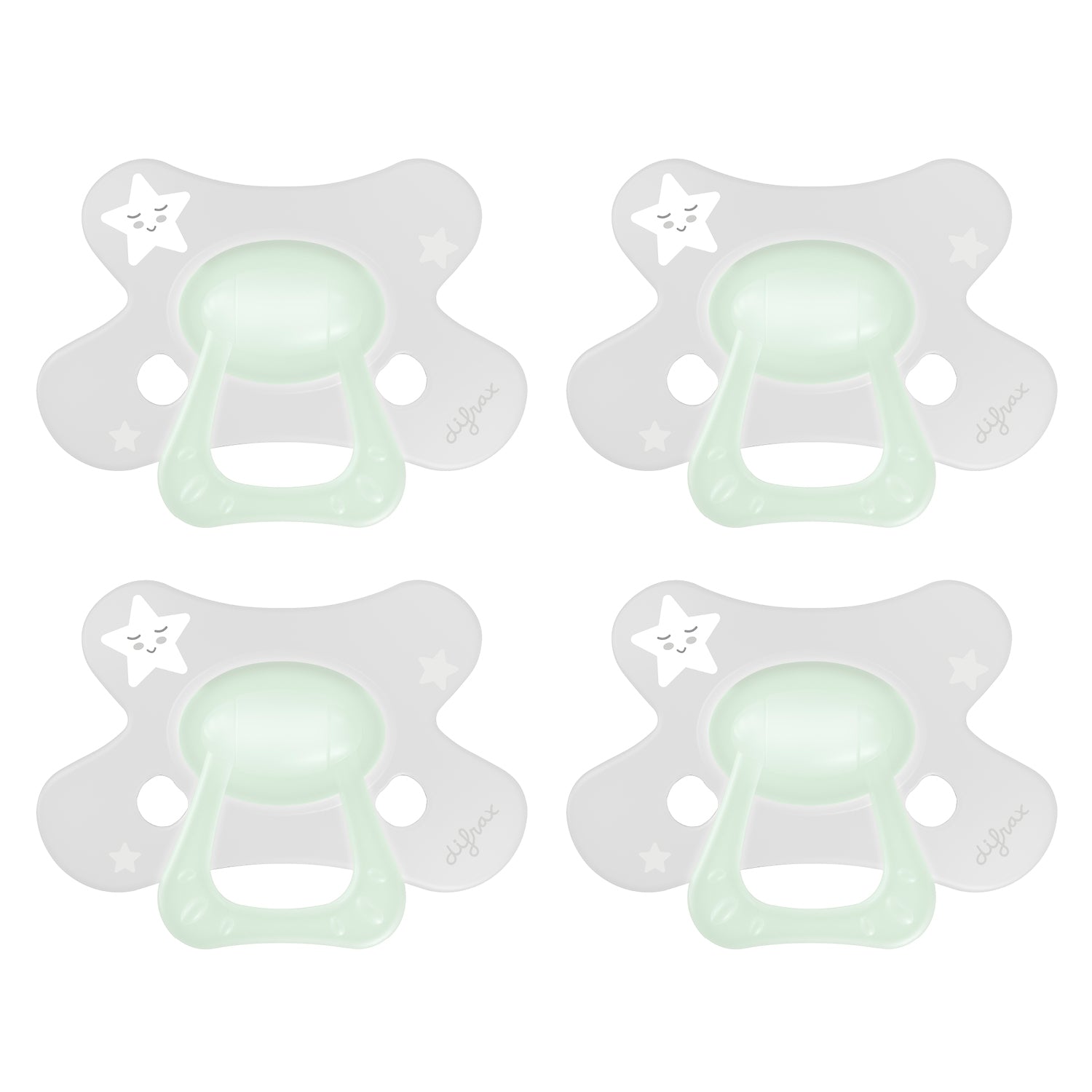 Set van 4 Difrax Natural fopspenen 12+ maanden Glow in the Dark met vlindervormig schildje, huidvriendelijk en makkelijk te accepteren