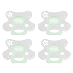 Set van 4 Difrax Natural fopspenen 12+ maanden Glow in the Dark met vlindervormig schildje, huidvriendelijk en makkelijk te accepteren