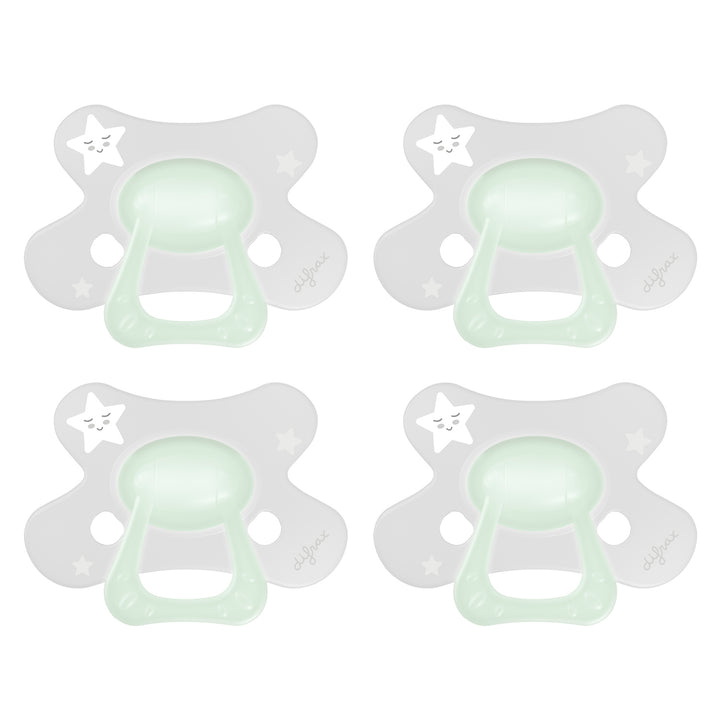 Set van 4 Difrax Natural fopspenen 12+ maanden Glow in the Dark met vlindervormig schildje, huidvriendelijk en makkelijk te accepteren