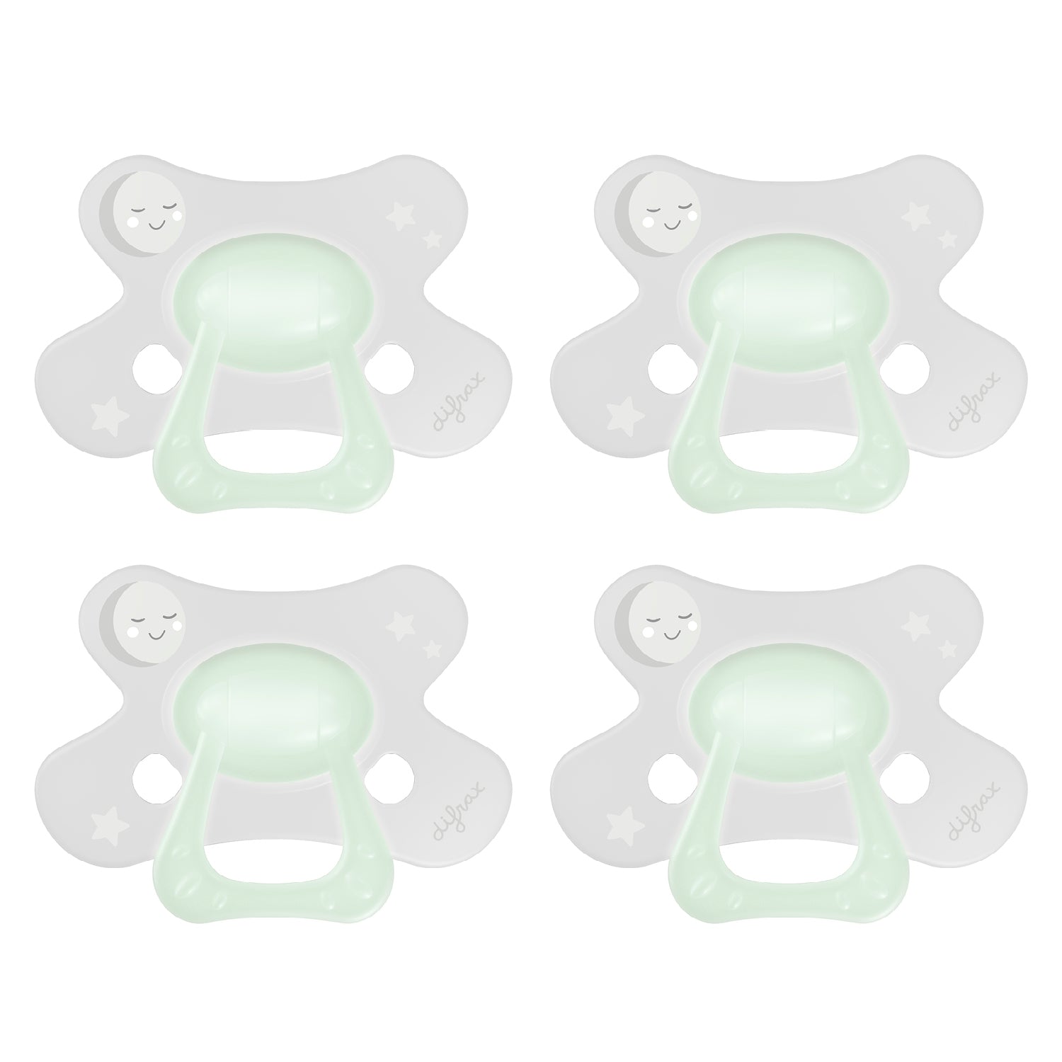Set van 4 Difrax Natural fopspenen 18+ maanden Glow in the Dark met vlindervormig schildje voor optimale luchttoevoer en huidvriendelijk ontwerp