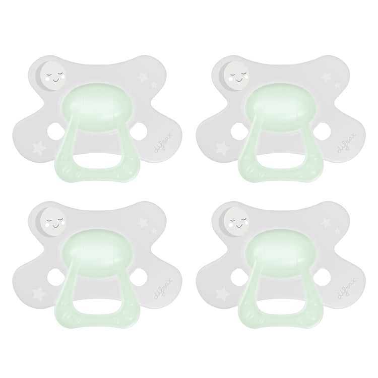 Set van 4 Difrax Natural fopspenen 18+ maanden Glow in the Dark met vlindervormig schildje voor optimale luchttoevoer en huidvriendelijk ontwerp