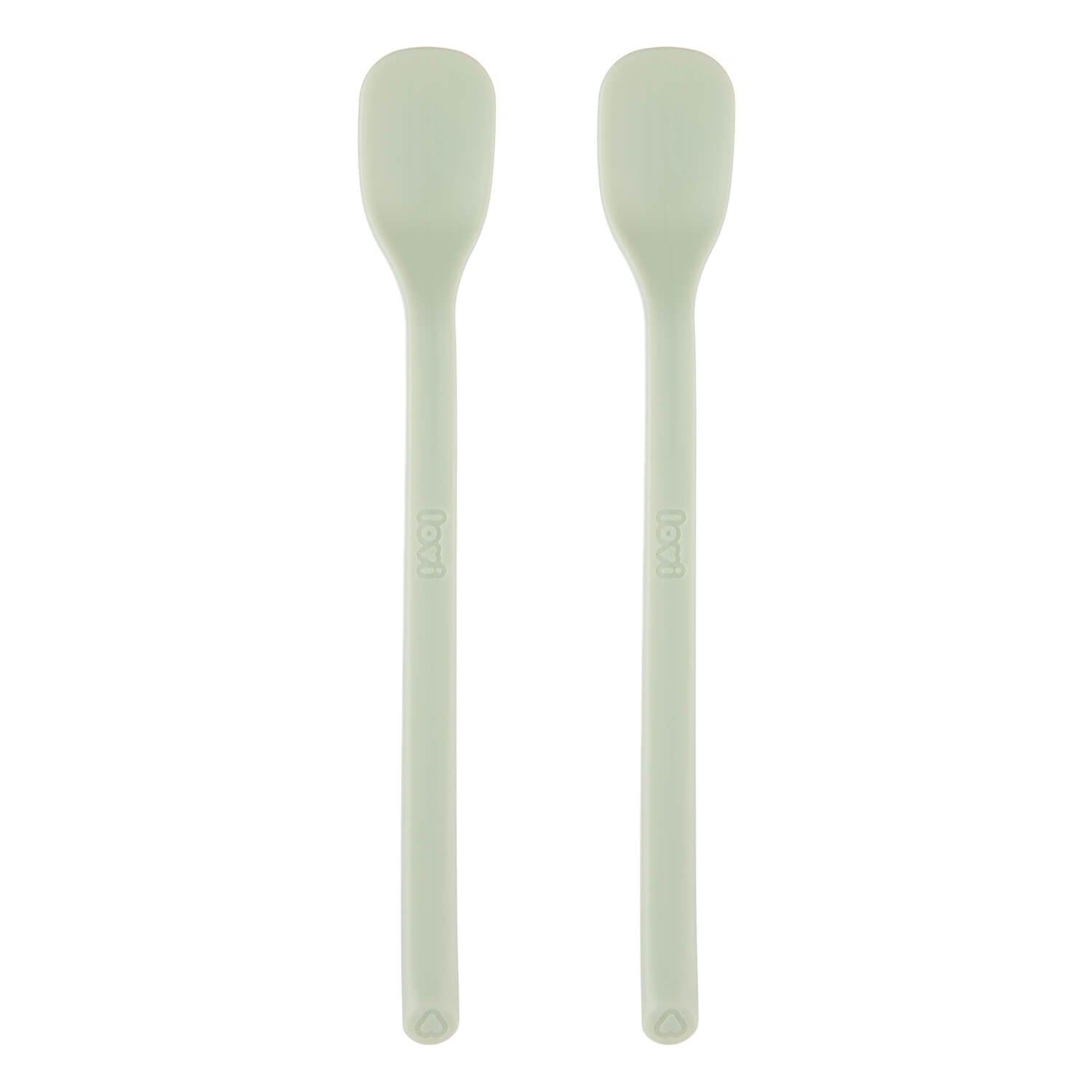 Twee eerste voedingslepels voor baby’s in pistachekleur, voorkant