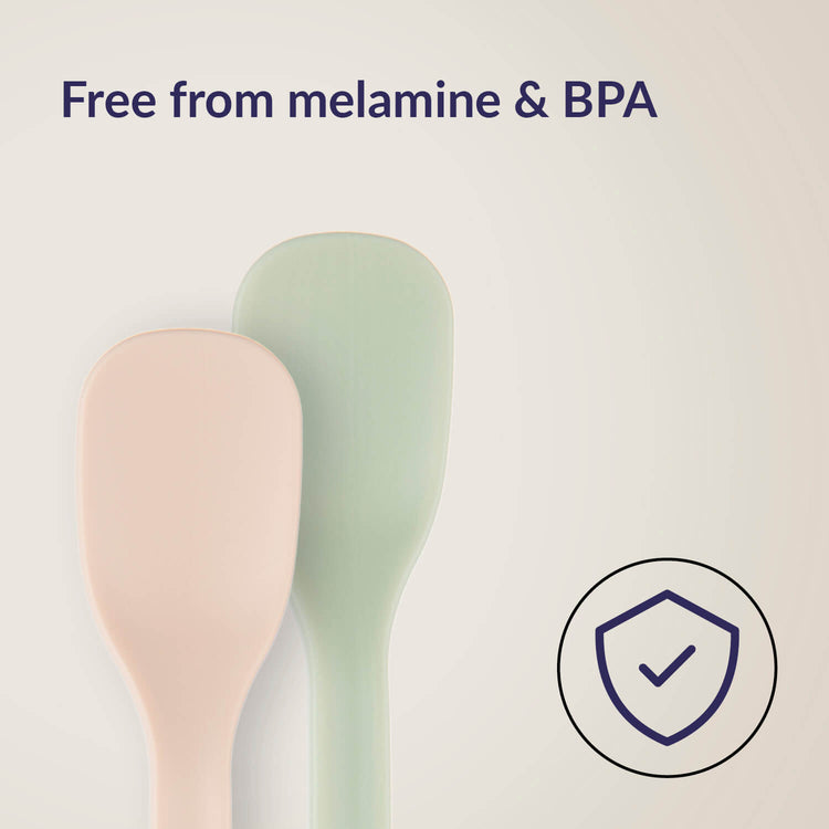 Twee eerste voedingslepels in pistache- en nudekleur, vrij van melamine en BPA