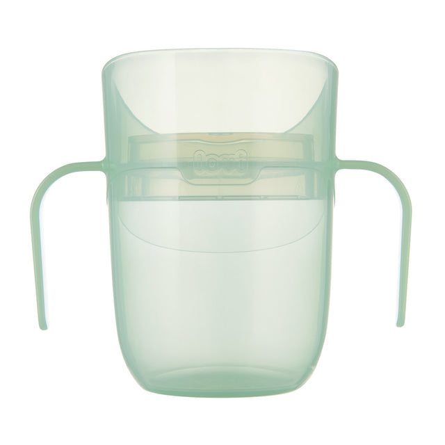 Difrax 360 graden drinkbeker in helder design met afsluitdop, ergonomisch model geschikt voor jonge kinderen vanaf 6 maanden.