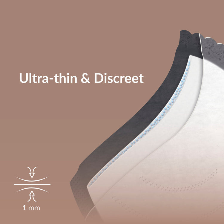 Illustratie van het 1 mm dunne Difrax LOVI zoogcompres met de tekst "Ultradun en discreet"
