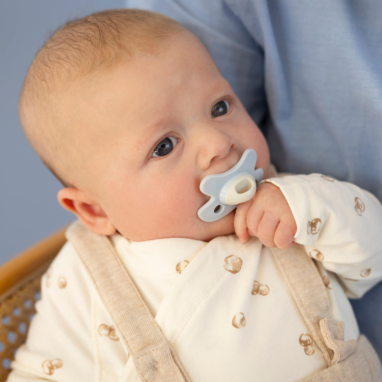 Natural Difrax speen in de kleur Stripy Blue met Baby